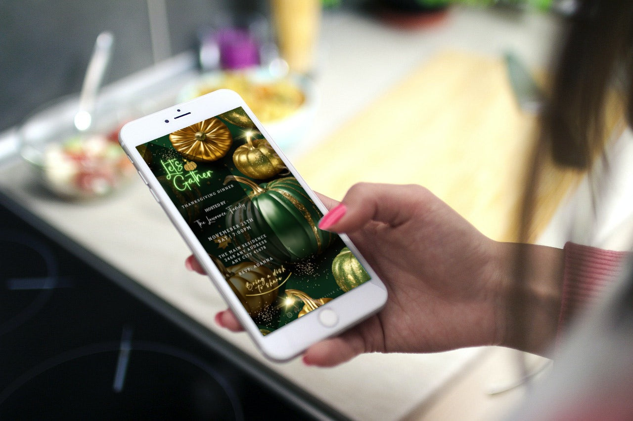 Hand holding a phone displaying a Green Gold Pumpkin Glitter Thanksgiving Dinner Video Invite template from URCordiallyInvited.