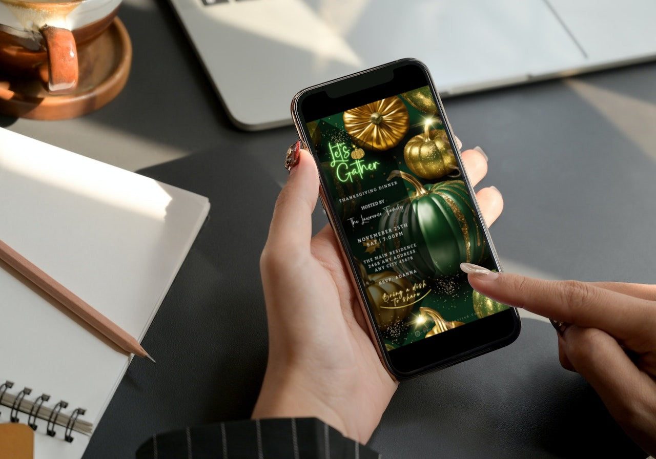 Person holding a phone displaying a Green Gold Pumpkin Glitter Thanksgiving Dinner Video Invite template.
