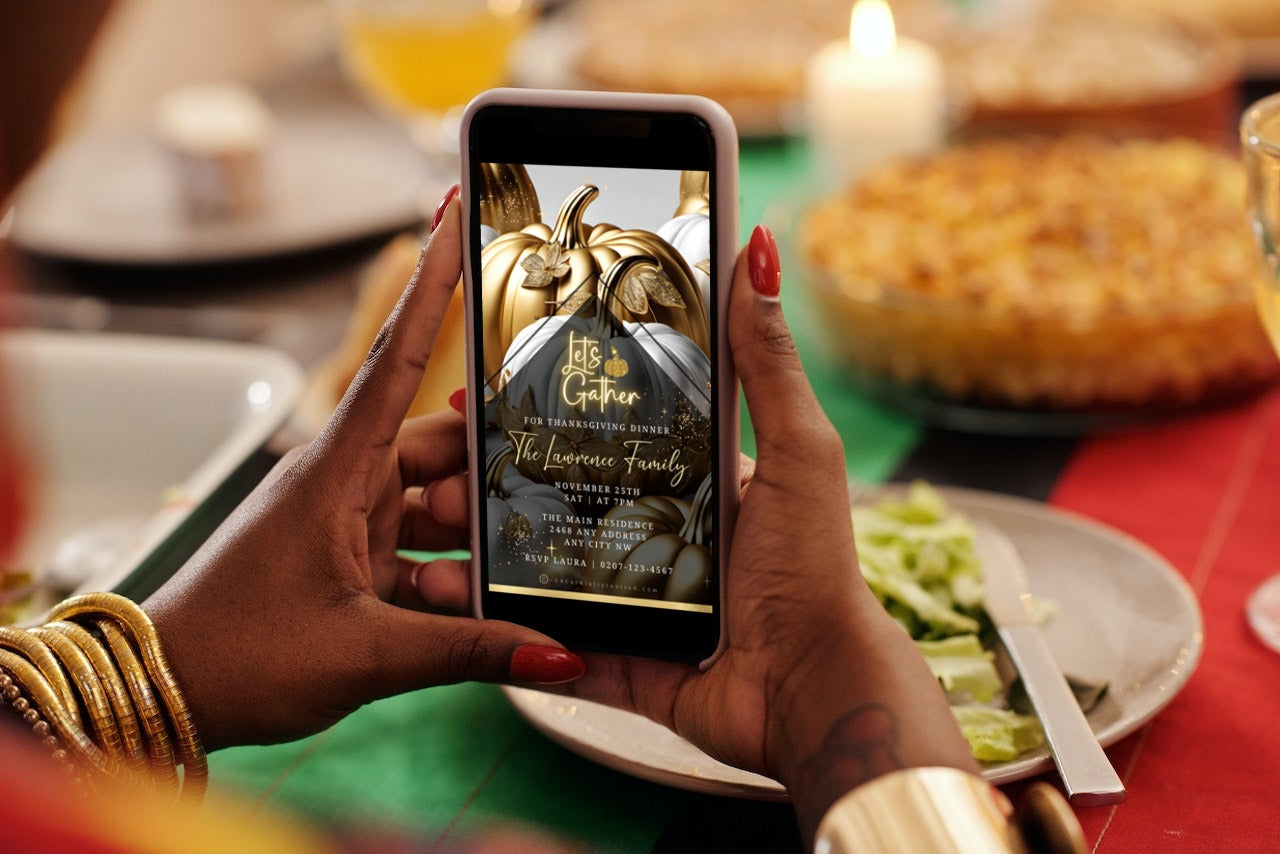 Person holding a phone displaying the Gold Neon White Pumpkin Thanksgiving Dinner Video Invite template from URCordiallyInvited.