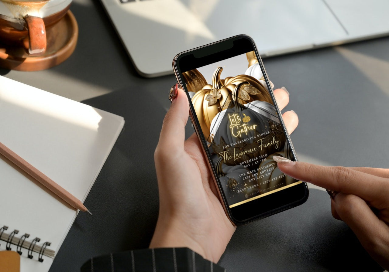 Hand holding a phone displaying a customizable Gold Neon White Pumpkin Thanksgiving Dinner Video Invite.