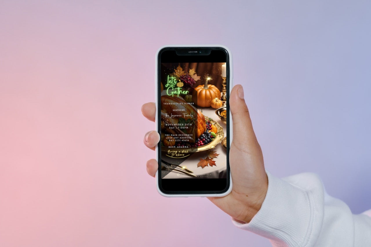 Hand holding a mobile phone displaying a personalized Thanksgiving dinner video invitation from the Gold Fruitful Platter Pumpkins template by URCordiallyInvited.