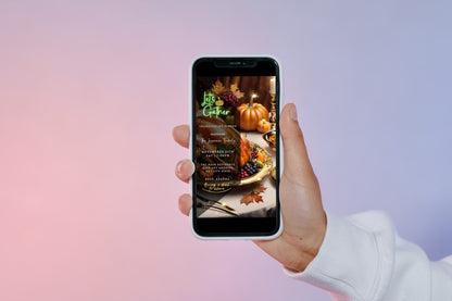 Hand holding a mobile phone displaying a personalized Thanksgiving dinner video invitation from the Gold Fruitful Platter Pumpkins template by URCordiallyInvited.