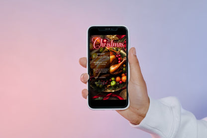 Hand holding a smartphone displaying a Red Neon Festive Food Platter Christmas Video Invitation template from URCordiallyInvited, ready to be customized and shared digitally.