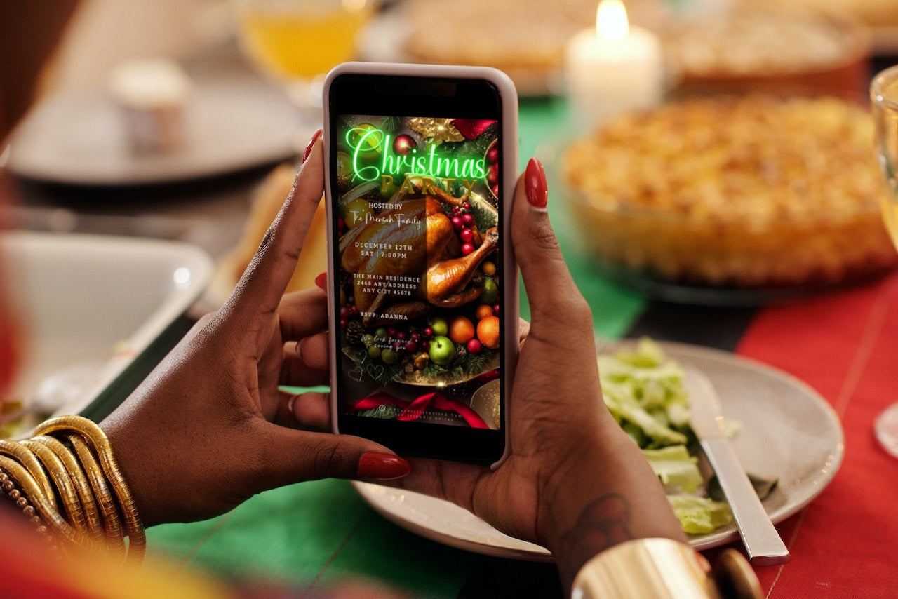 Person holding a smartphone displaying a Green Neon Festive Food Platter Christmas Video Invitation, ready to personalize and send digitally.