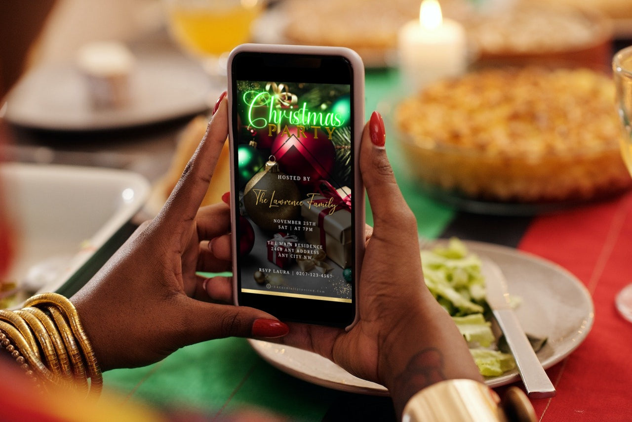Person holding a phone displaying a Neon Green Presents Ornaments Glitter Christmas Video Invitation.