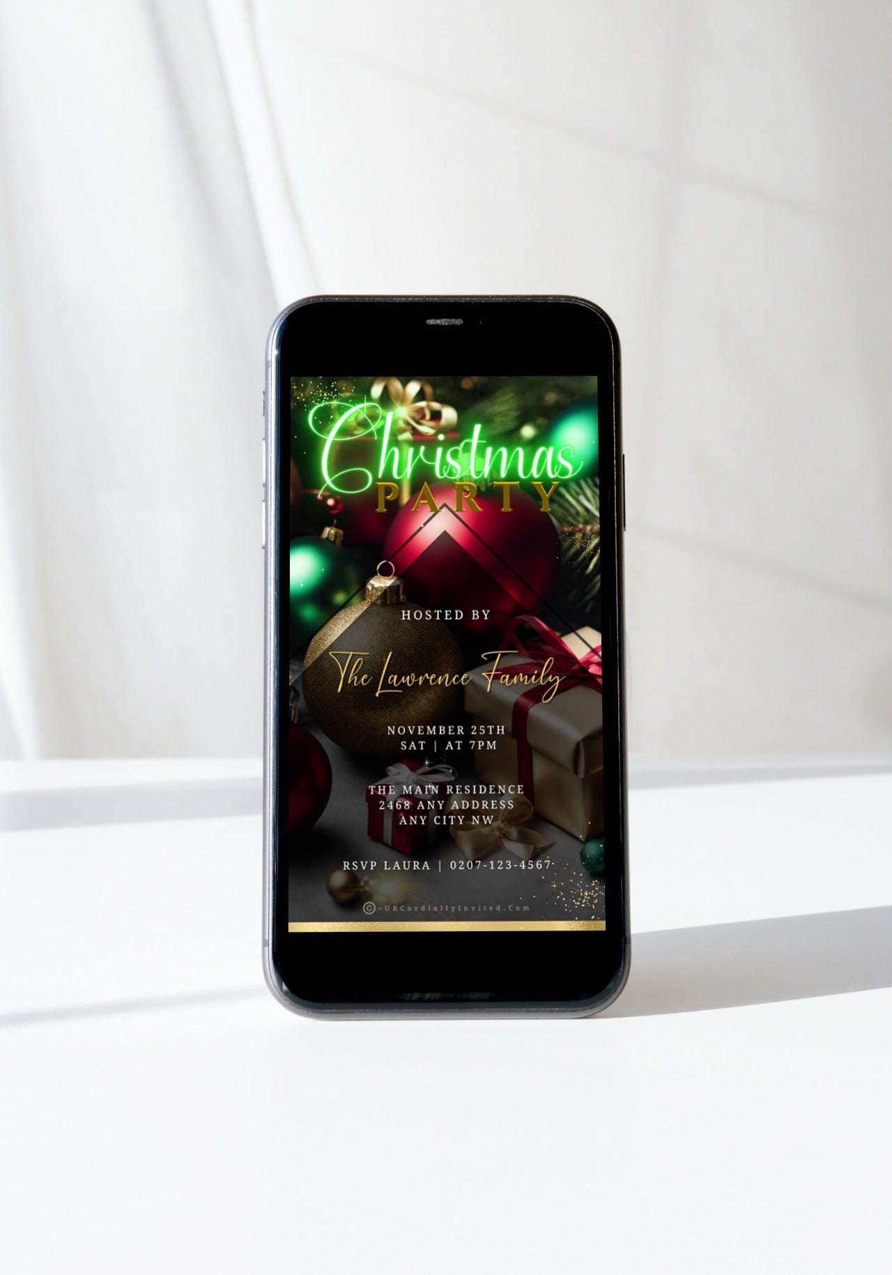 Smartphone displaying a Neon Green Christmas Video Invitation with presents and ornaments, ready to personalize and send via digital platforms.