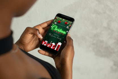Person holding a phone displaying a customizable digital Christmas video invitation with neon green glitter ornaments, ready for editing via Canva.