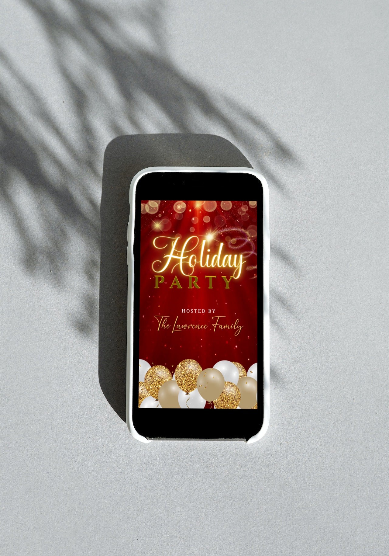 Red Gold Glitter Balloons Sparkle | Christmas Video Invitation displayed on a smartphone screen, featuring customizable text and animated design elements.