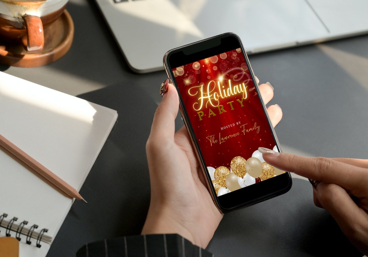 Person holding a phone displaying the Red Gold Glitter Balloons Sparkle | Christmas Video Invitation template for customization via Canva.