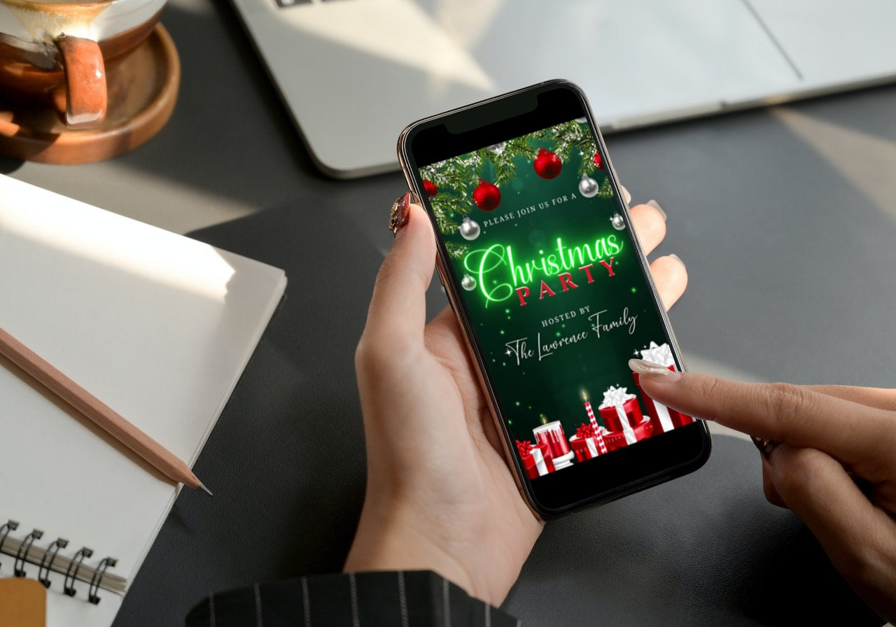 Person holding a smartphone displaying a Christmas party video invitation template with neon green glitter ornaments, ready for customization using the Canva design app.