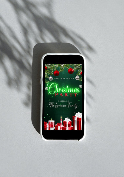 Neon Green Glitter Ornaments | Christmas Video Invitation displayed on a smartphone screen, showcasing customizable digital elements for holiday event invitations.