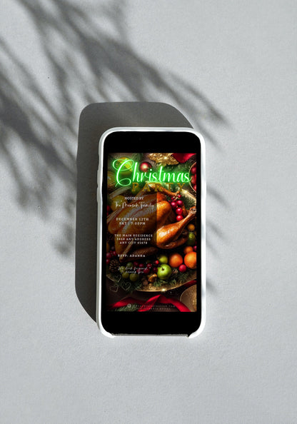 A smartphone displaying a Green Neon Festive Food Platter Christmas Video Invitation template with a turkey image on the screen.