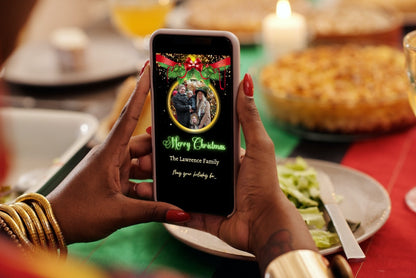 Person holding phone displaying family photo, promoting the Editable Digital Neon Green Oval Ornament W/Photo Christmas Video Ecard for DIY customization and instant download.