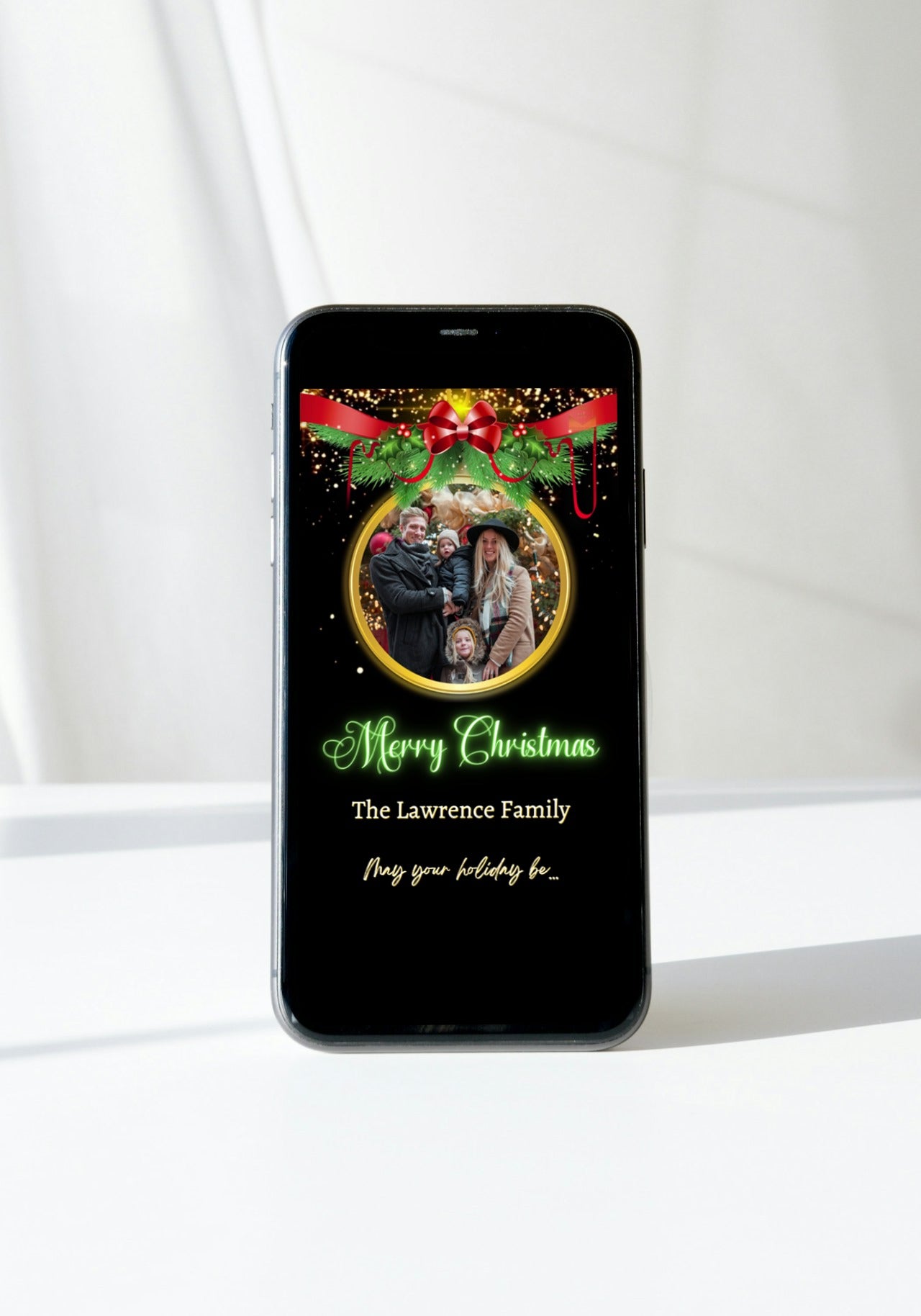 Neon Green Oval Ornament W/Photo | Christmas Video Ecard displayed on a smartphone, showcasing a family photo and editable festive design.