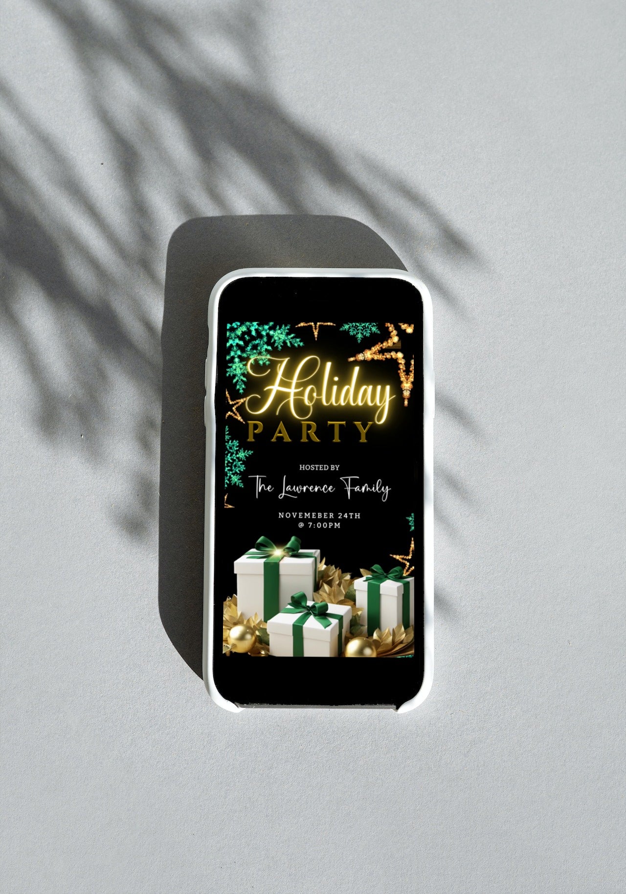 Neon Green Gold Leaves & Presents | Christmas Video Invitation displayed on a smartphone, alongside wrapped gift boxes with green ribbons. Customizable via Canva for digital sharing.