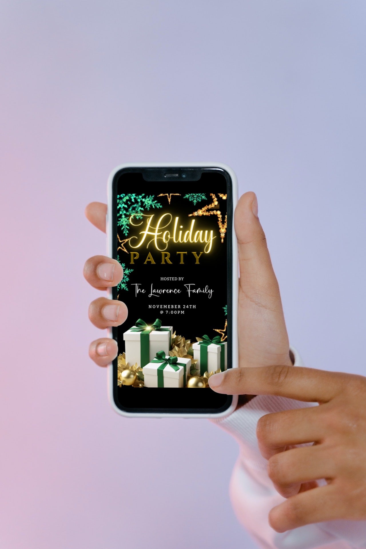 Hand holding a smartphone displaying the Neon Green Gold Leaves & Presents | Christmas Video Invitation editable template for customization via Canva.