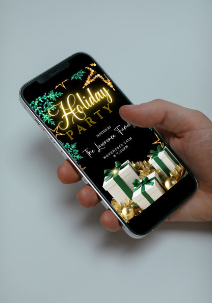 Hand holding a smartphone displaying a customizable Christmas video invitation with neon green and gold leaves and presents, editable via Canva.