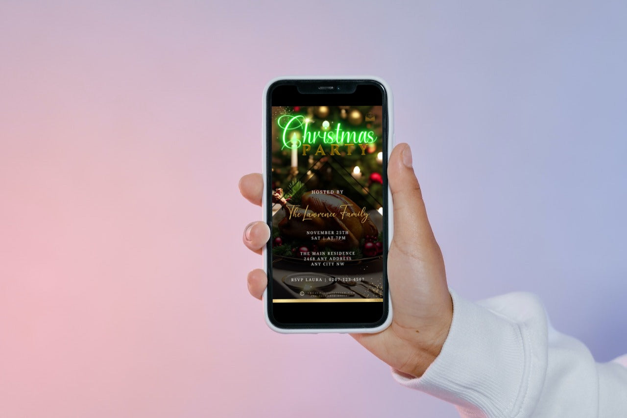 Hand holding a smartphone displaying a customizable Neon Green Festive Platter Sparkle Christmas Party Video Invitation.