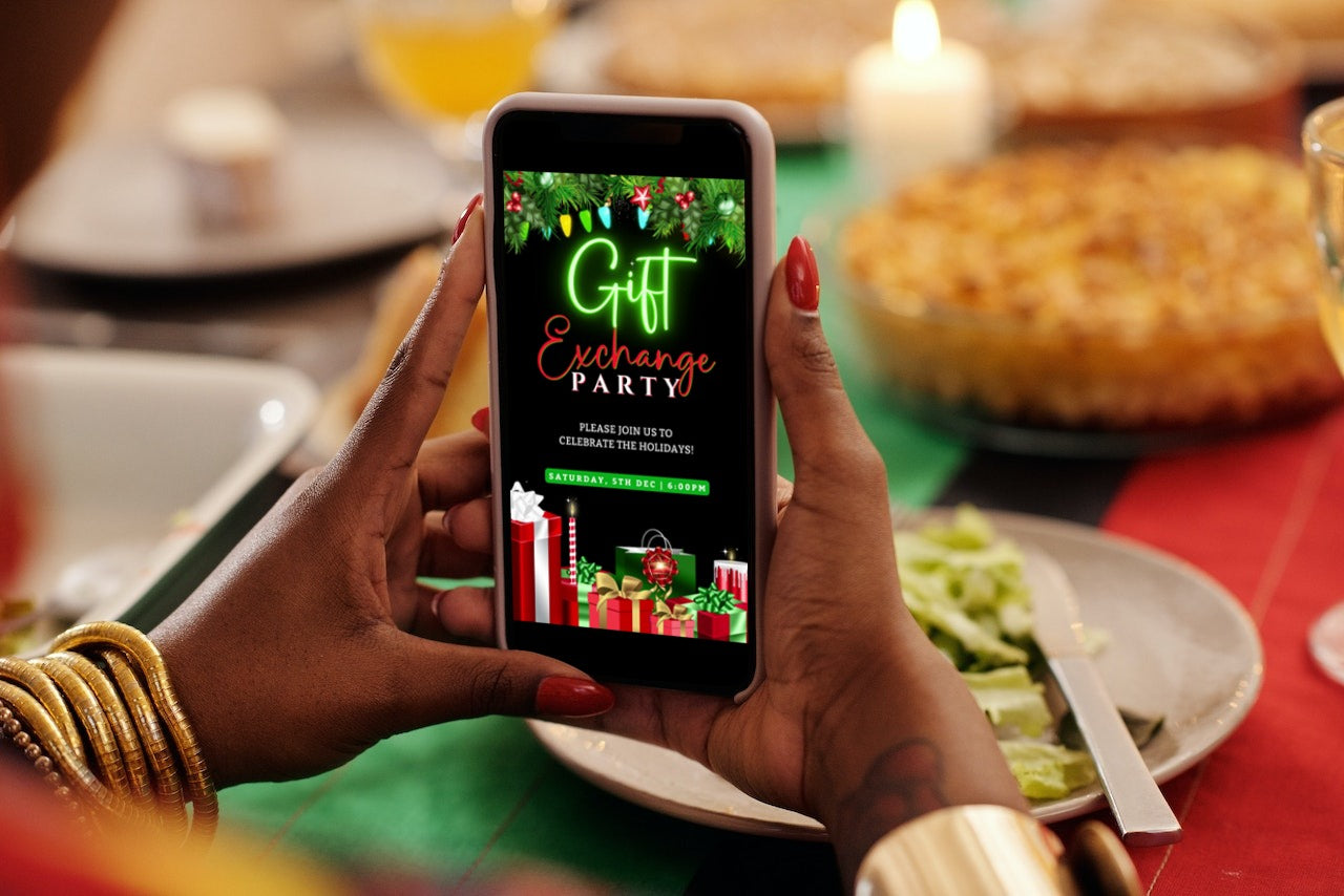 Person holding a smartphone displaying the Colourful Lights Presents & Ornaments | Gift Exchange Party Video Invitation template.