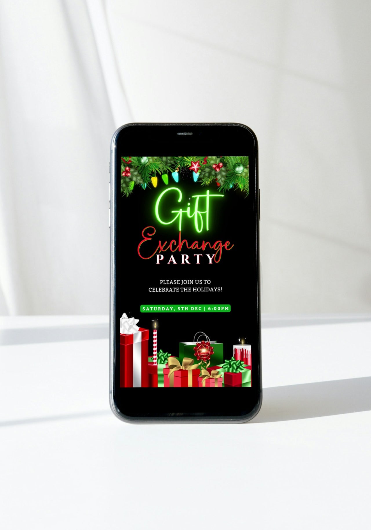 Cell phone displaying Colourful Lights Presents & Ornaments | Gift Exchange Party Video Invitation template for customization via Canva on screen.