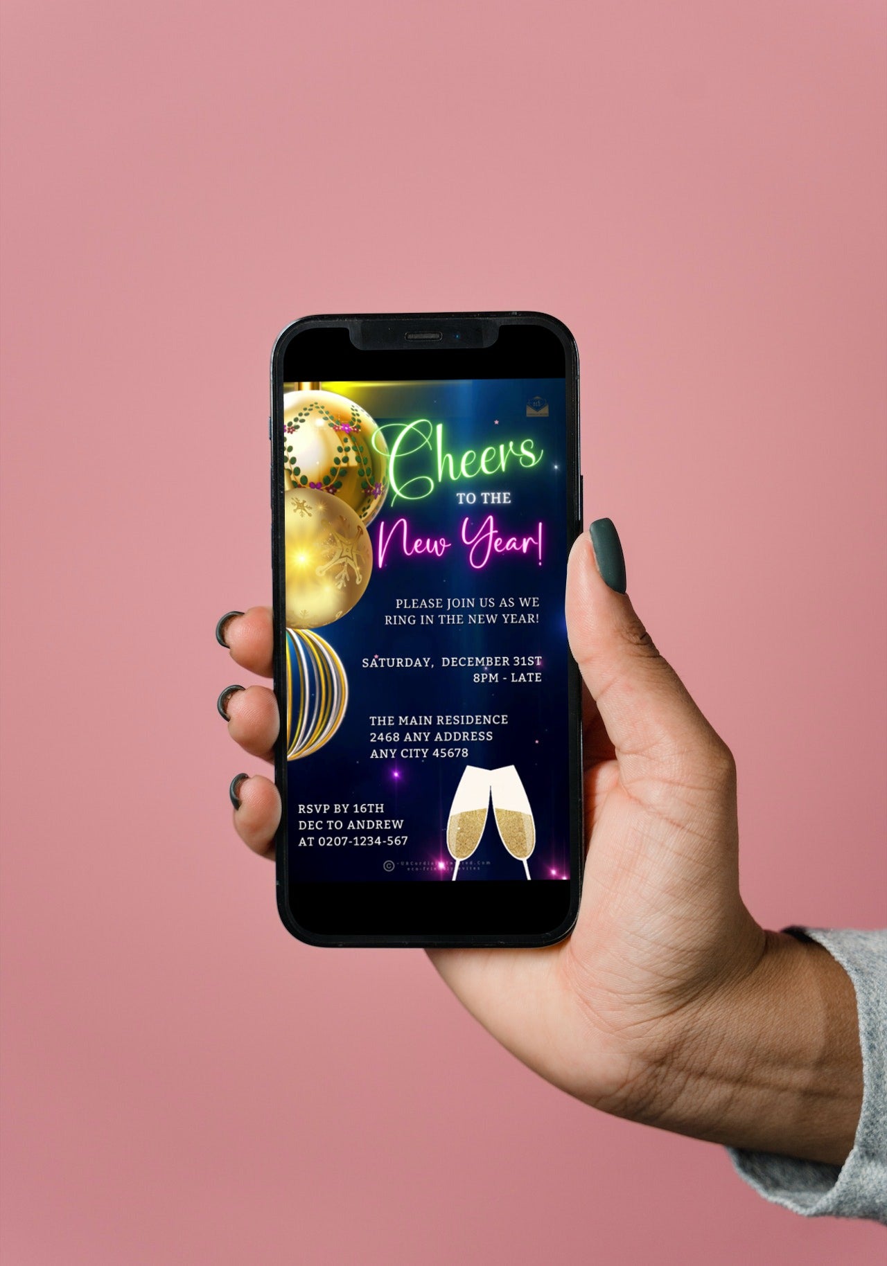 Hand holding a smartphone displaying an Ornamental Colourful Champagne New Year's Eve Party Video Invitation template from URCordiallyInvited.