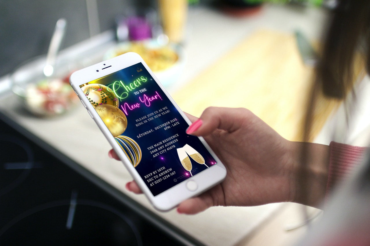 Hand holding a phone displaying an editable digital Ornamental Colourful Champagne New Year's Eve Party Video Invitation template.