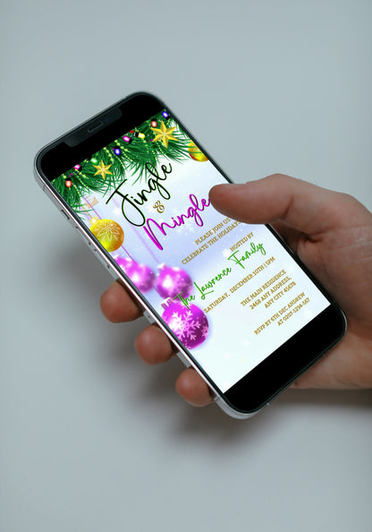 Hand holding a smartphone displaying Jingle & Mingle Pink Gold Christmas Party Video Invite, a customizable digital invitation template from URCordiallyInvited.