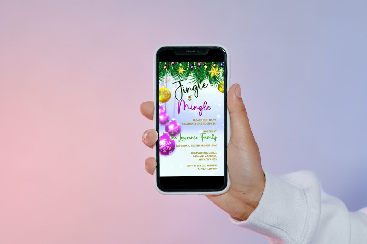 Hand holding a smartphone displaying the Jingle & Mingle Pink Gold Christmas Party Video Invite template for easy customization via Canva.