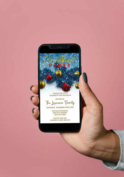 Hand holding smartphone displaying Snowy Elegance Blue Leaves Christmas Party Video Invite with editable text, showcasing customizable digital invitation for events using Canva.