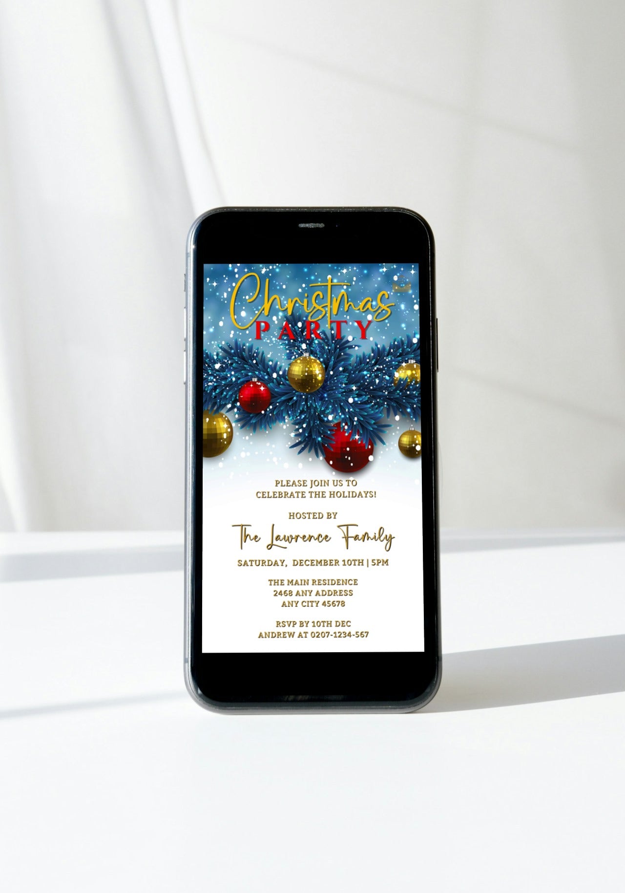 Smartphone displaying Snowy Elegance Blue Leaves Christmas Party Video Invite with festive ornaments and editable text.