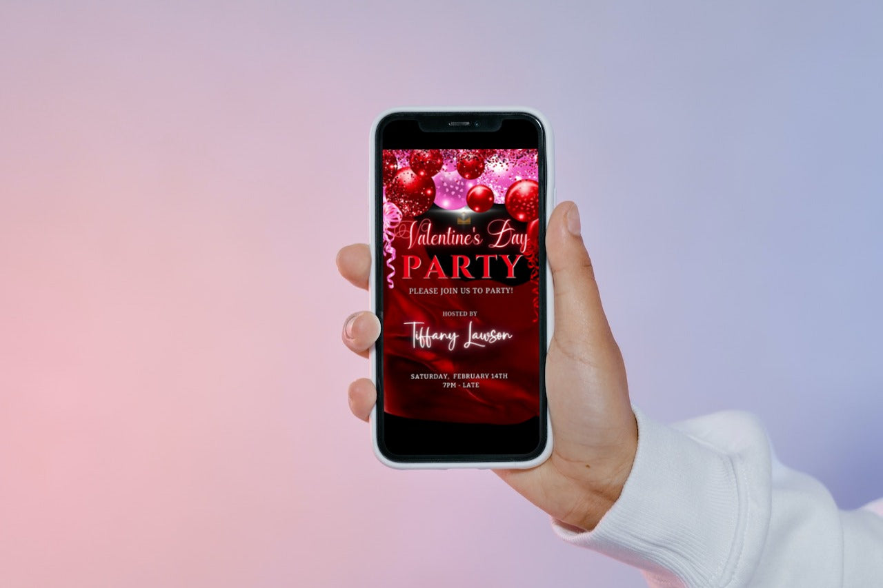 Hand holding a smartphone displaying a digital invitation for Pink Red Silk Neon Balloons | Valentines Party Invite, editable via Canva for easy personalization and sharing.