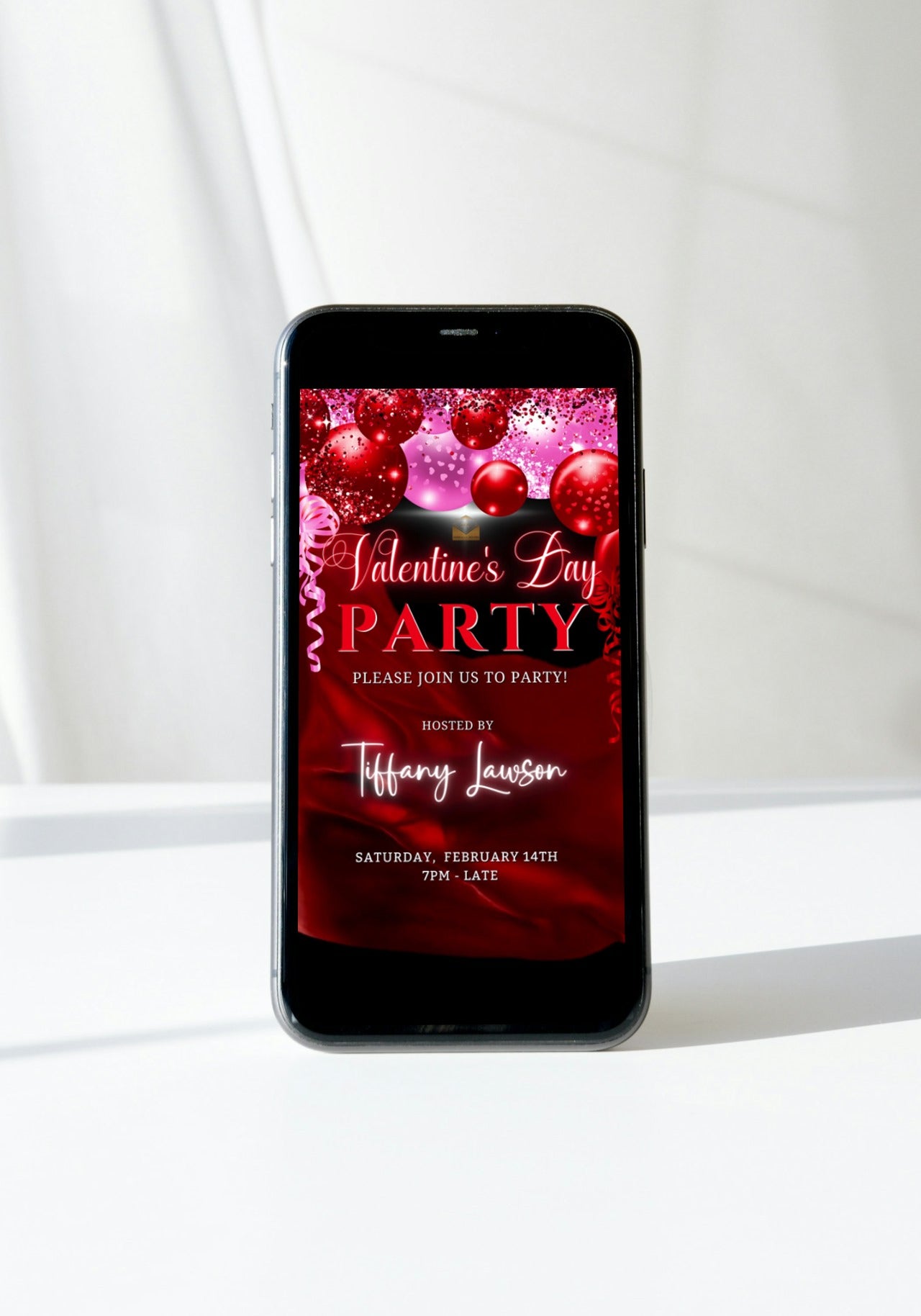 Editable Digital Pink Red Silk Neon Balloons Valentines Party Invite displayed on a smartphone screen.