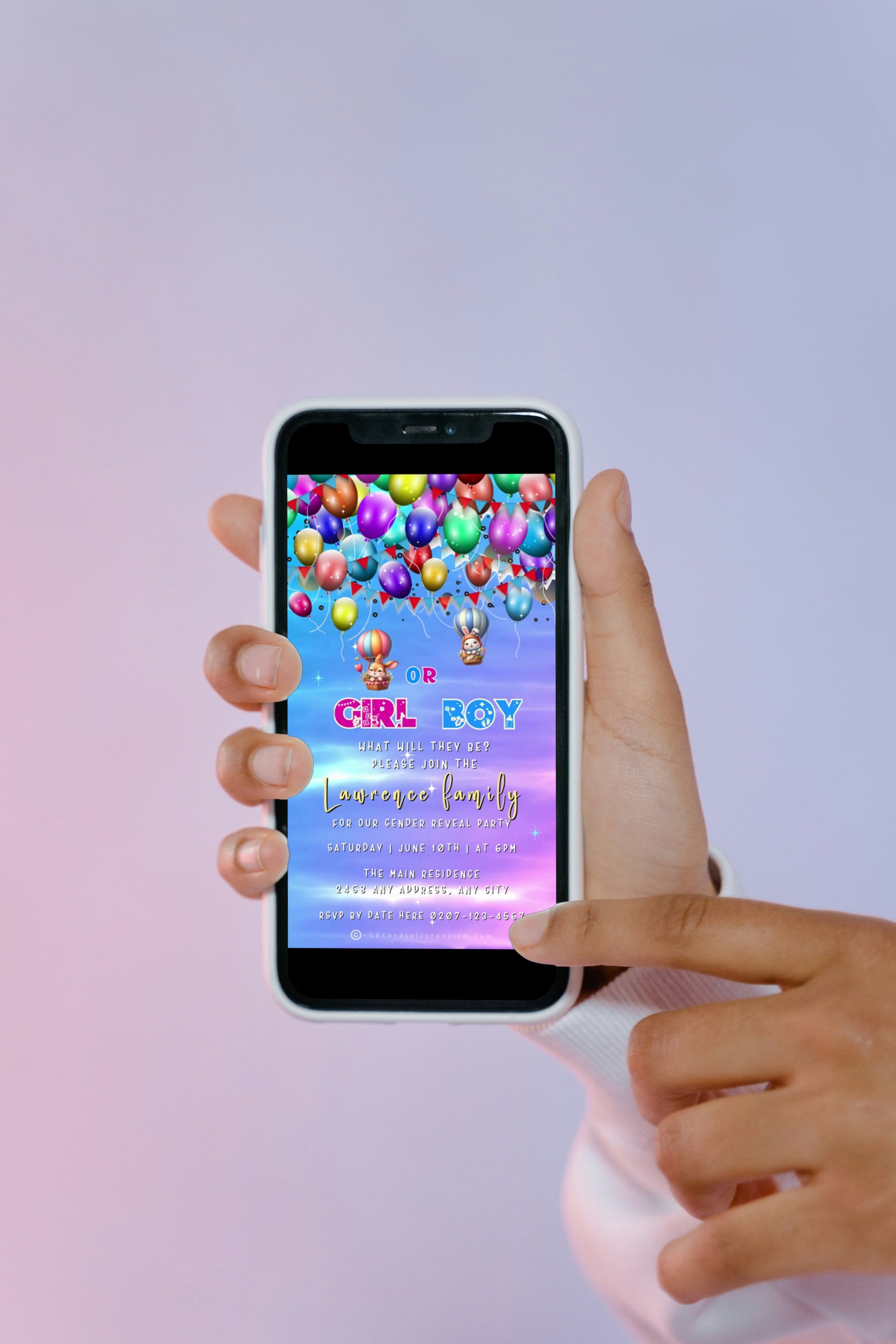 Hand holding a smartphone displaying a customizable Easter Bunnies In Hot Air Balloons digital gender reveal video invitation template.