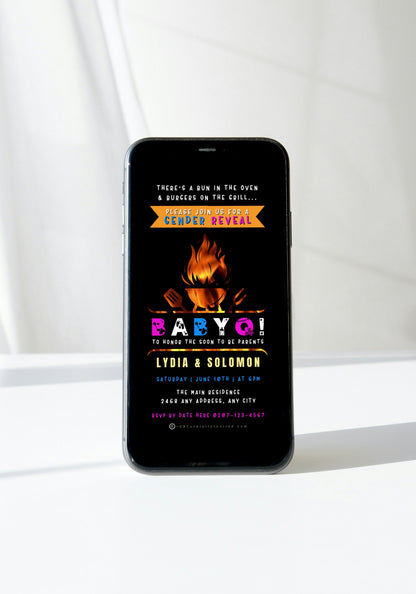 Smartphone displaying an Animated BABYQ Flaming Grill Digital Gender Reveal Invite, customizable via Canva for easy sharing through text, email, or messaging apps.