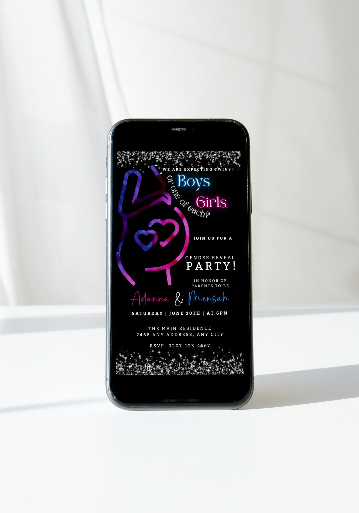 Twins Glowing Pregnant Mom | Digital Gender Reveal Invite displayed on a smartphone screen, featuring editable text and a pregnant belly illustration.