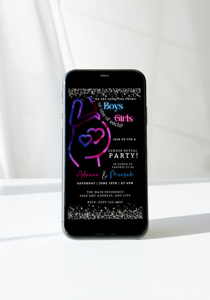 Twins Glowing Pregnant Mom | Digital Gender Reveal Invite displayed on a smartphone screen, featuring editable text and a pregnant belly illustration.