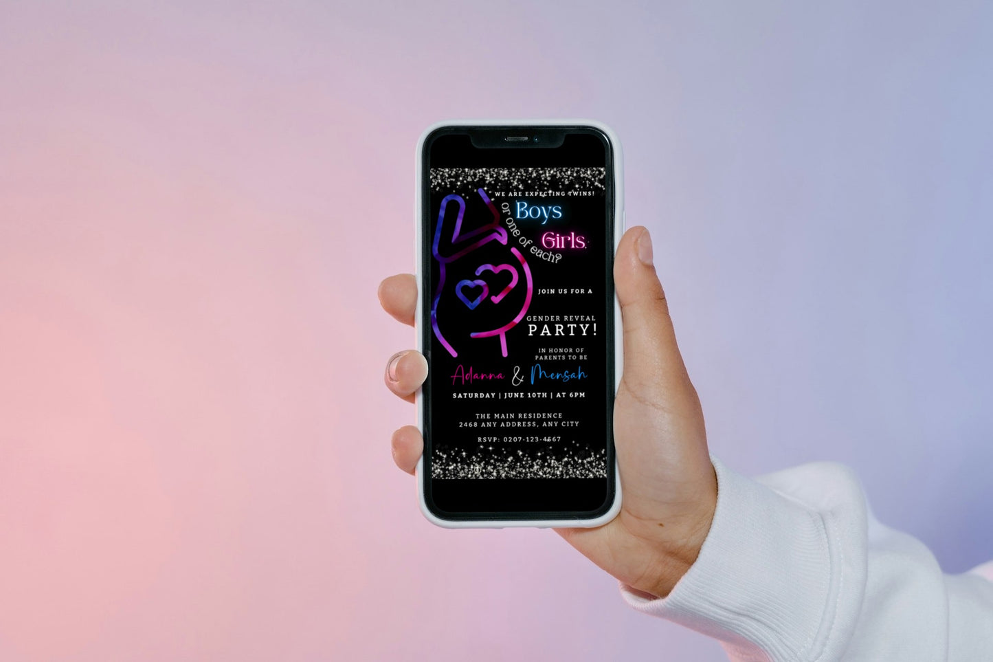 Hand holding a smartphone displaying the customizable Twins Glowing Pregnant Mom | Digital Gender Reveal Invite from URCordiallyInvited, ready for personalization via Canva.