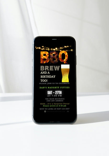 Animated BBQ Flame & Brew Birthday Digital Video Party Invite displayed on a smartphone screen, customizable via the Canva app for easy personalization and electronic sharing.