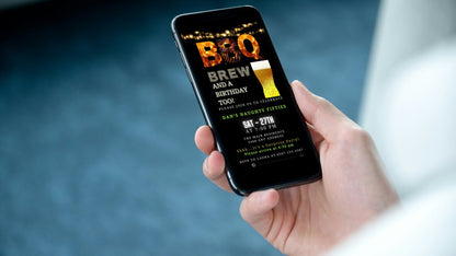 Hand holding a smartphone displaying a customizable BBQ Flame & Brew Birthday digital video party invite by URCordiallyInvited.