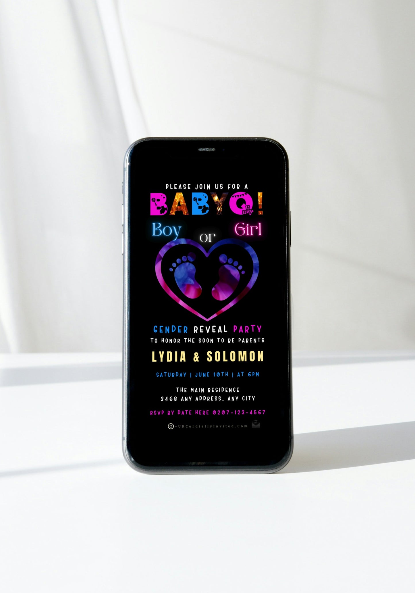 Customizable Animated BABYQ Blue Pink Feet Heart Digital Gender Reveal Invite displayed on a smartphone, showcasing a baby shower invitation template for easy personalization and electronic sharing.