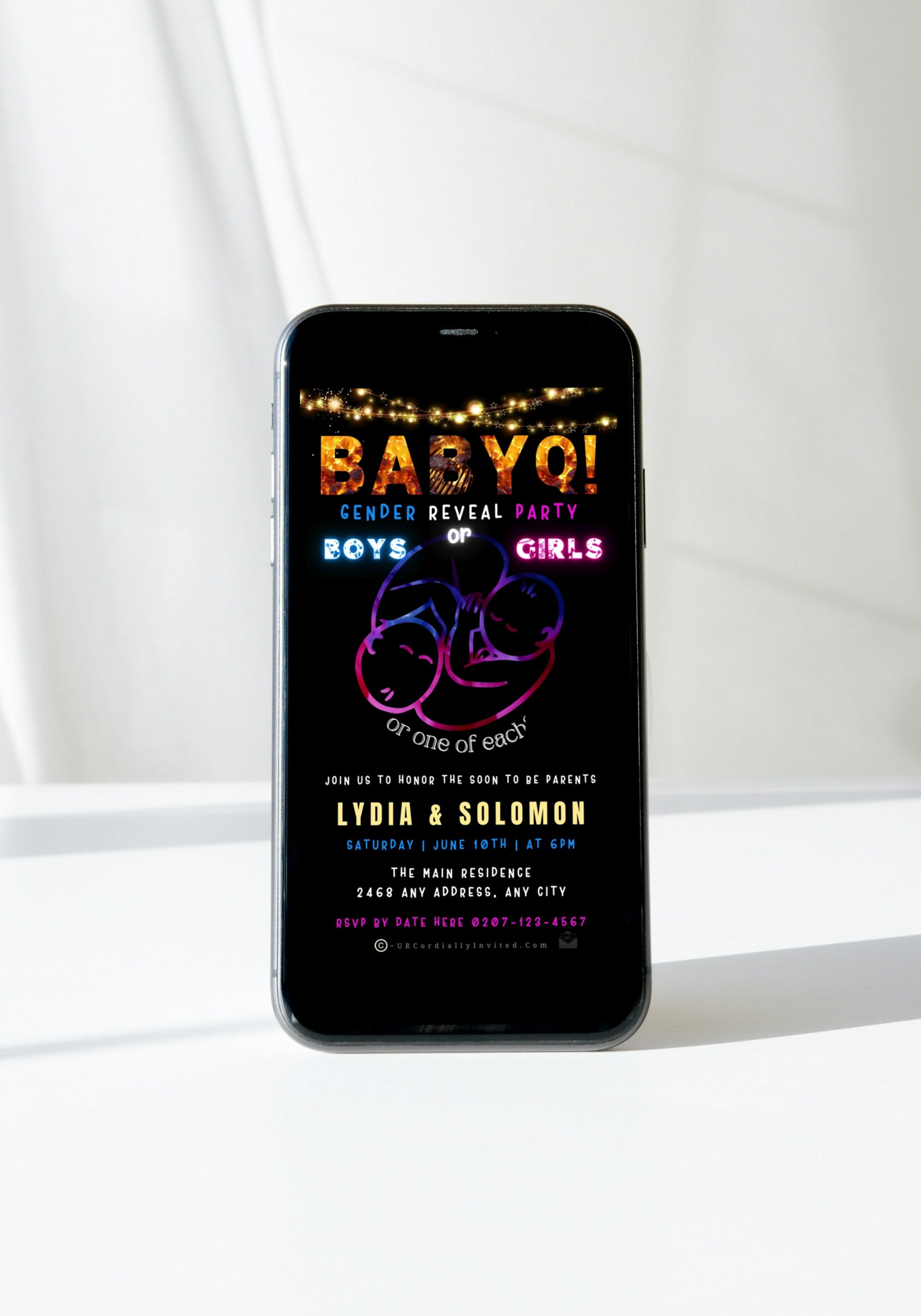 Cell phone displaying customizable Animated Twins Cuddle BABYQ Grill digital gender reveal invite with baby announcement.