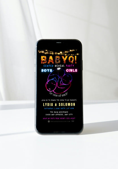 Cell phone displaying customizable Animated Twins Cuddle BABYQ Grill digital gender reveal invite with baby announcement.