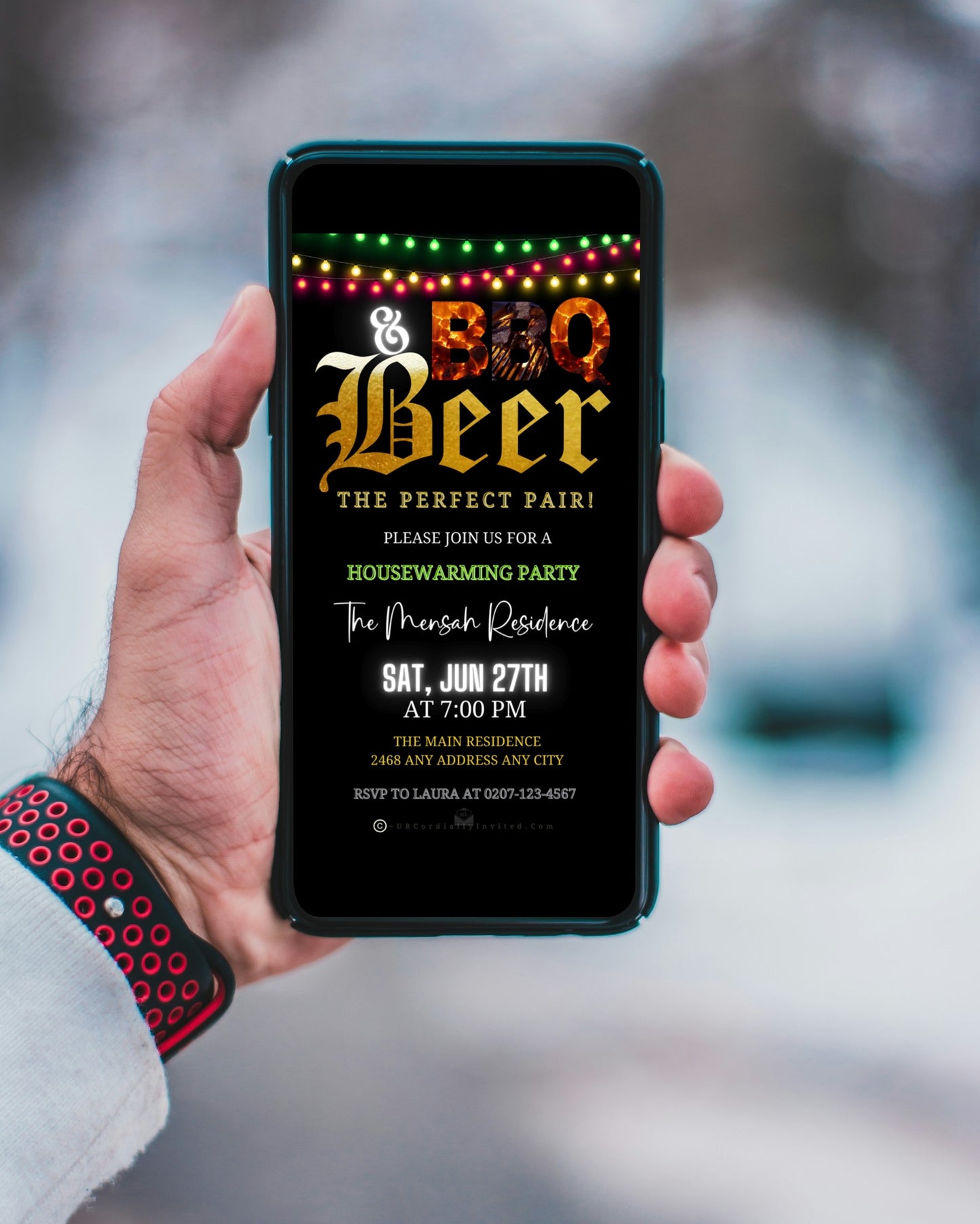 A hand holding a smartphone displaying a customizable BBQ Flame & Beer digital video party invitation from URCordiallyInvited.
