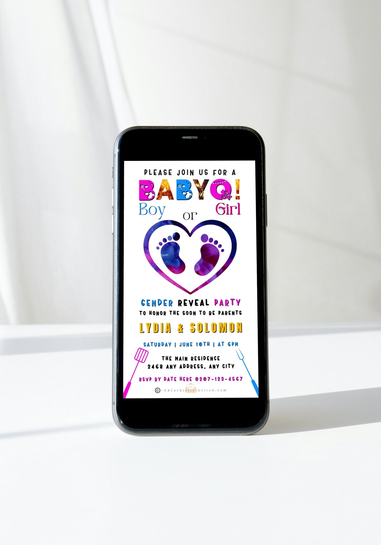 BABYQ Feet In Heart | Digital Gender Reveal Video Invite displayed on a smartphone with customizable event details and heart-shaped footprints design.