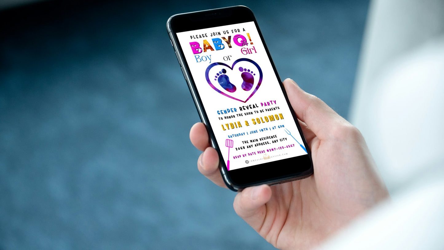 Hand holding a smartphone displaying a customizable BABYQ Feet In Heart digital gender reveal video invite.