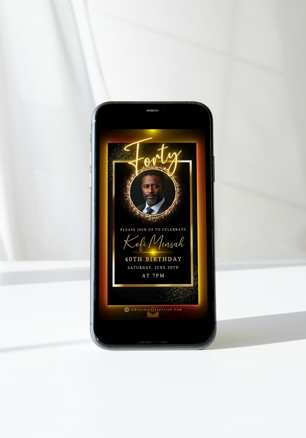 Smartphone displaying Elegant Animated Men’s 40th Birthday Video Invitation with Oval Photo Frame featuring a man in a suit. Perfect for customizable digital invitations.