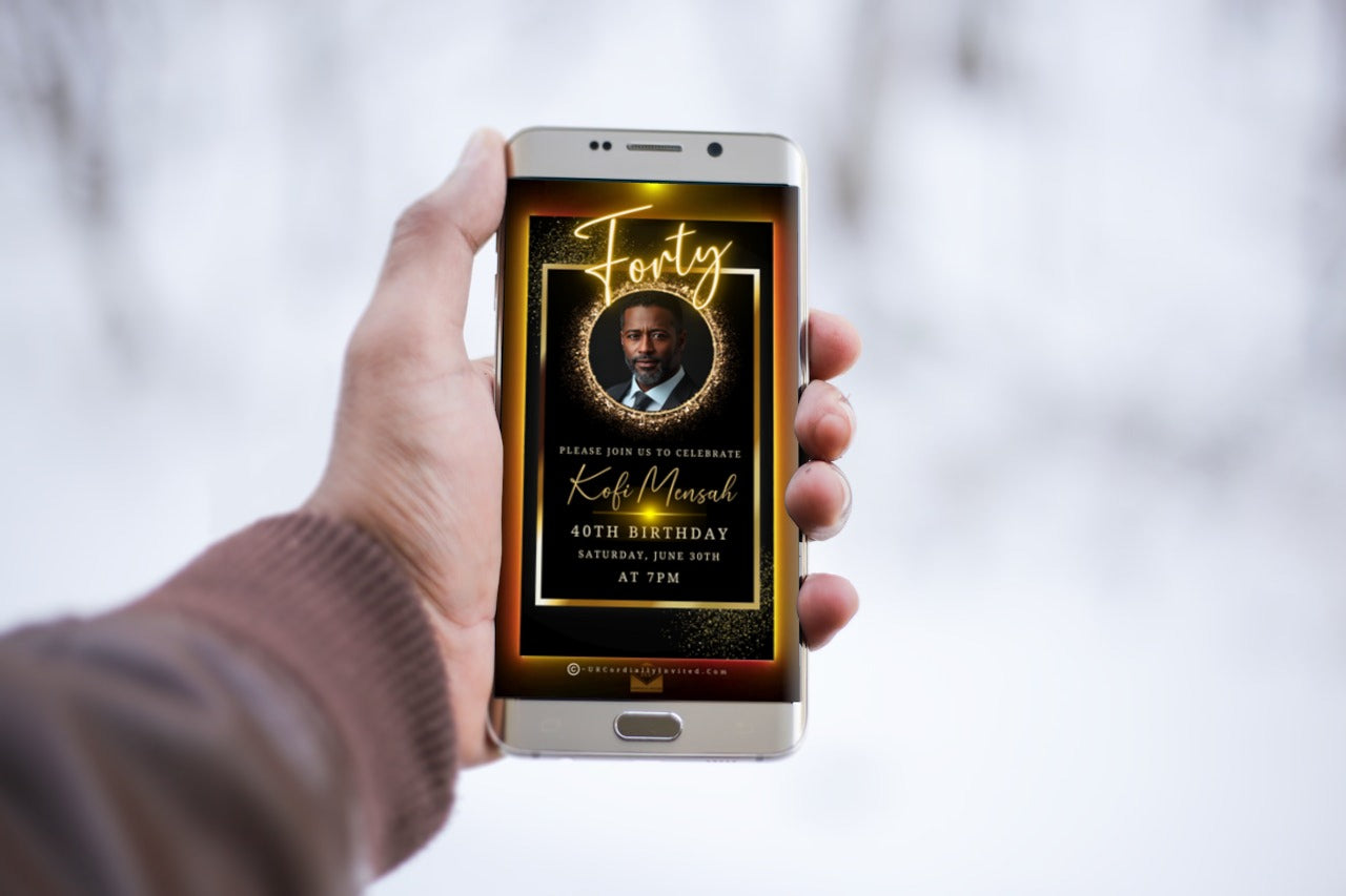 Hand holding a smartphone displaying Elegant Animated Men’s 40th Birthday Video Invitation with Oval Photo Frame, highlighting a man in a suit for digital customization.