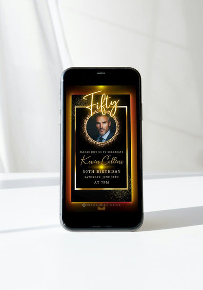 50th Birthday Video Invitation featuring a man in a suit and tie, displayed on a smartphone screen, with an elegant gold oval photo frame.