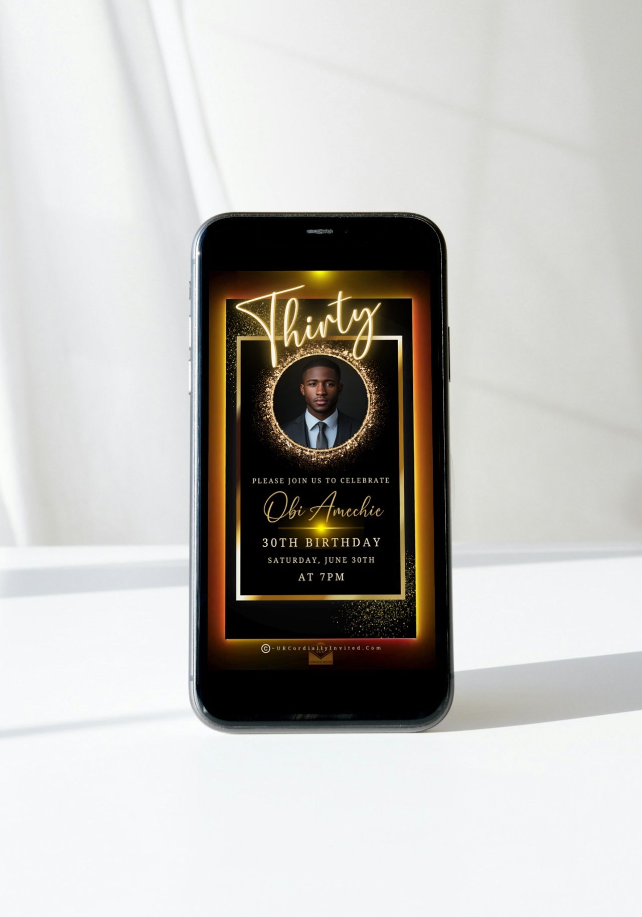 30th Birthday Video Invitation featuring a man's photo in a gold oval frame on a cell phone screen, highlighting a customizable digital invite.