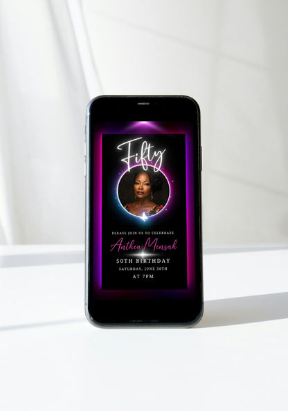 50th Birthday Video Invitation with a woman's photo in a purple circle on a phone screen, showcasing the customizable animated invite design.